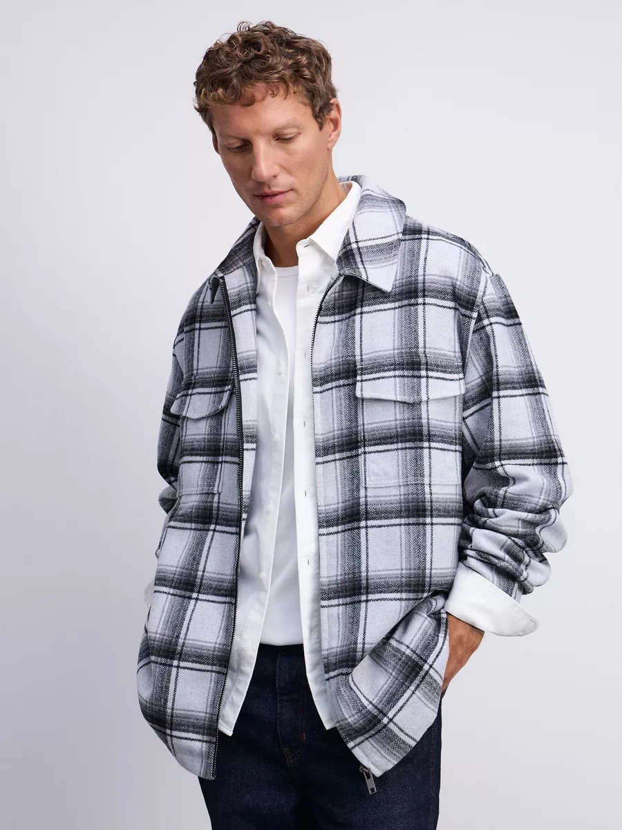 Zarına Kareli Baskılı, Fermuarlı, Mevsim Geçişi İçin Gömlek Ceket 246051626 Beyaz Pırlanta