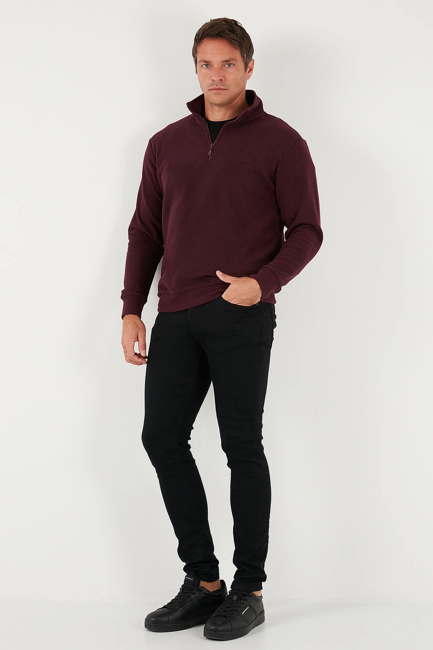 Buratti Pamuklu Regular Fit Yarım Fermuarlı Dik Yaka Erkek Kazak 456112 Mürdüm