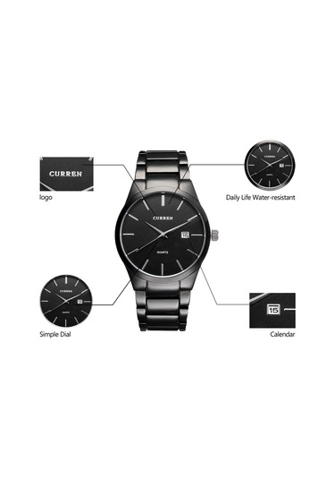 Skycity Curren Kol Saati: Basit Tasarım, Gümüş Çelik Kordon, Takvim Gösterimi, Gündelik Su Geçirmez, Siyah Disk Siyah