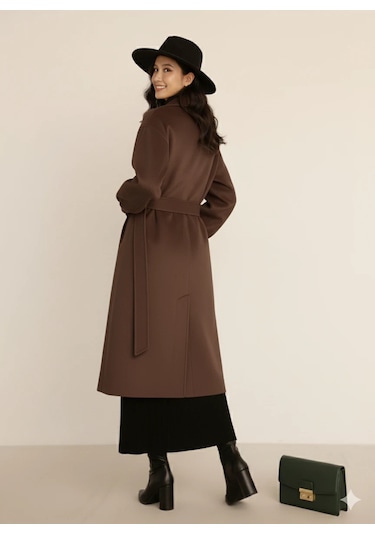 Kadın Siyah Kaşe Uzun Kaban Maksi Boy Palto Geniş Yakalı Düz Kesim Kışlık Kahve