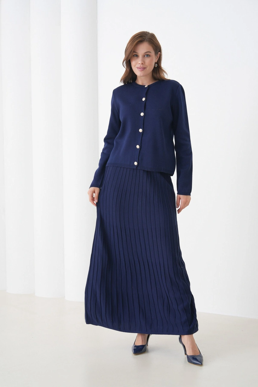 Kadın Pileli Etek Kazağı Düğmeli Tesettüre Uygun Örgü Triko Etekli Ceket Takım Lacivert