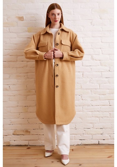 Never More Uzun Bürümcük Kaban Bej