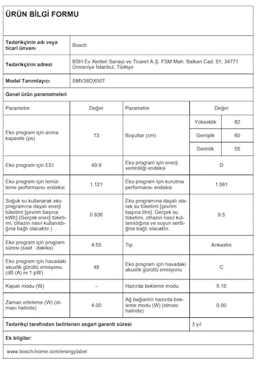 Bosch Serie 2 SMV26DX00T 6 Programlı 13 Kişilik Ankastre Bulaşık Makinesi