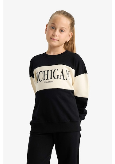 Defacto Kız Çocuk 2li Takım Baskılı Sweatshirt Eşofman Altı E6418a825aubk81 Siyah