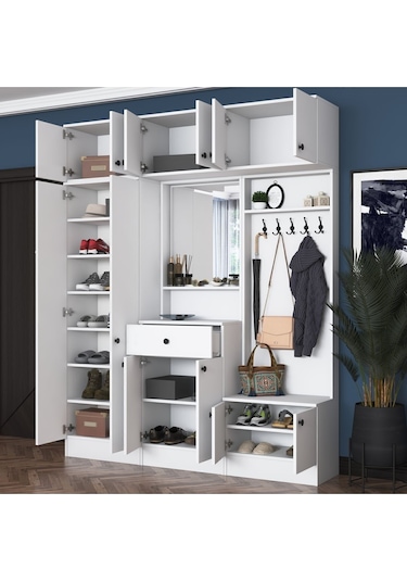 Rani Ea104 Portmanto Çekmeceli Aynalı Raflı Vestiyer Beyaz