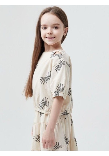 Kız Çocuk Pamuklu Omuz Pencereli Nakışlı Bluz-13814-bej Bej