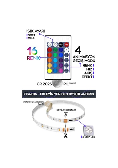 Tv Arkası Çocuk Yatak Odası Mutfak Salon Rgb Şerit Led Uzaktan Kumandalı Tak Çalıştır 2 Metre