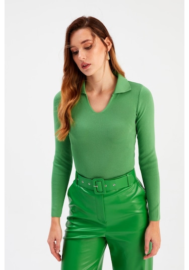 Sateen Polo Yaka Triko - Yeşil-132066 Yeşil
