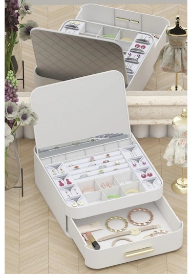 Decorev Aynalı Çok Bölmeli Çekmeceli Makyaj Takı Organizer Krem