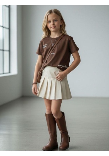 Zekids Kız Çocuk Yazı Baskılı Basic T-shirt-16924 Kahverengi