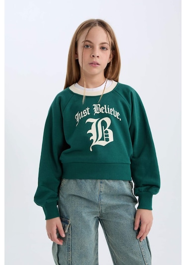 DeFacto Kız Çocuk Relax Fit Bisiklet Yaka Baskılı İçi Yumuşak Tüylü Sweatshirt D7042A824WNGN1116 Yeşil