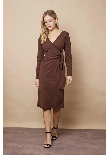 Kadın Kadife Kumaş Kruvaze Anvelop Bağcıklı Uzun Kol Diz Altı Elbise-kahve Kahve