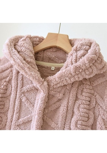 Flybuy Kadın Kışlık Bornoz Düğmeli Sabahlık, Kalın Flanel, Uzun Kollu, Rahat Kış Giyimi Kırmızı