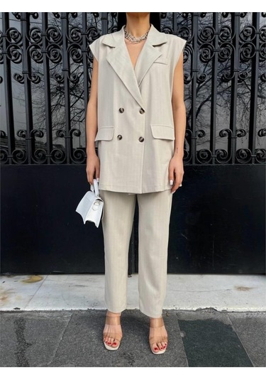 Sensuelle Çizgili Uzun Yelek - Pantolon Takım Polviscon - Bej Bej