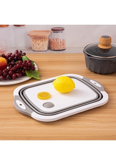 Gri Derin Oluk Tasarımlı Kesme Tahtası Küf Önleyici Kaymaz Çok Fonksiyonlu Damlalıklı Sepet