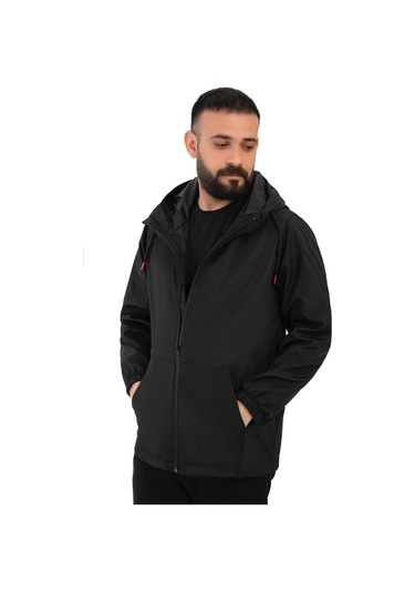 Freemen Erkek Siyah Içi Astarlı Kanguru Cepli Su Ve Rüzgar Geçirmez Kapüşonlu Cepli Yağmurluk Siyah