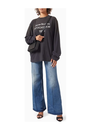 Acne Studios 1996 Logo Baskılı Tişört - Pamuk Karışımı - Oversize Kesim & Yıpranmış Detaylar Siyah