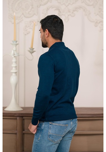 Woolen World Polo Yaka Slimfit Desenli Yünlü Erkek Triko Kazak İndigo