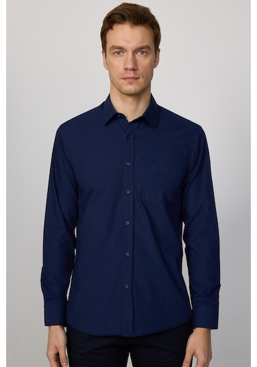 Tudors Klasik Fit Pamuklu Kolay Ütü Düz Lacivert Erkek Gömlek-30429-lacivert Lacivert