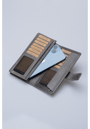 DERİNSS DRC7533 Hakiki Deri Patlı Gri Cüzdan & Telefonluk