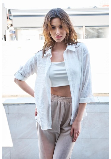 Kadın Keten Düşük Omuzlu Yakalı Kapri Kol Apoletli Gömlek -krem Krem