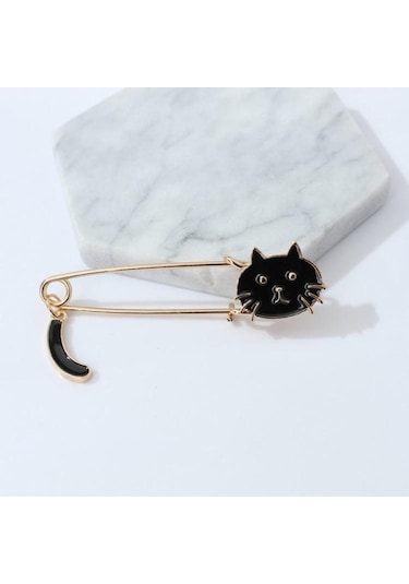 Sones Sevimli Damla Küçük Kedi Kuyruğu Sallayan Hayvan Broşu Siyah