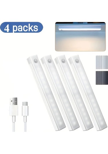 Xuweiwei Beyaz 10cm 4 Adet Usb Sarj Edilebilir Led Sensörlü Isik Seti Koridor Mutfak Merdiven Yatak Odasi Icin Gece Isigi Beyaz