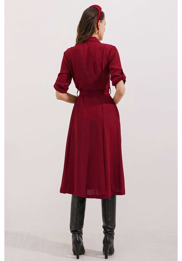Bigdart Kadın Bordo Kuşaklı Gömlek Elbise 2442 Bordo