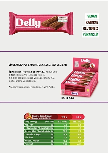 Delly Çikolata Kaplı Bademli Çilekli Meyveli Bar 12 x 35 G
