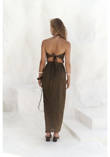 Mai Collection Abrossa Boyundan Bağcıklı Asimetrik Kahve Keten Elbise Kahverengi