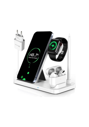 Yunboo Beyaz Euro Standartlı Qı Onaylı 4-in-1 Kablosuz Şarj Aleti: İphone Uyumlu, Saat, Kulaklık Ve Kalem İçin