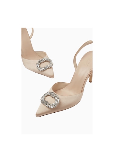Nass Kyra 100 Kristal Tokalı, Saten Slingback Stiletto Bej