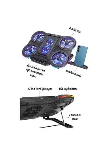 Rampage Prote R6 Rgb Işıklı 6 Fanlı Telefon Standlı Notebook Soğutucu