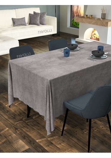Kadife Dokulu Gümüş Grisi Masa Örtüsü Gümüş Gri