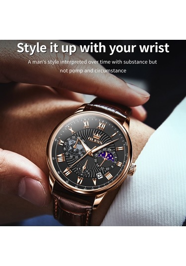 Olevs 2893 Erkekler Çok Fonksiyonlu İş Kuvars Saati Kahverengi + Siyah