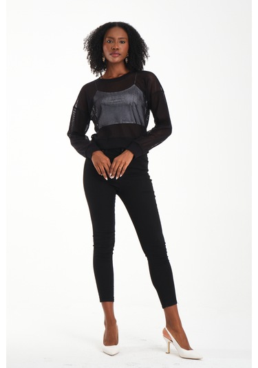 Bisiklet Yaka Petek File Bluz Siyah