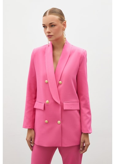 Sateen Düğme Detaylı Kruvaze Ceket - Pembe