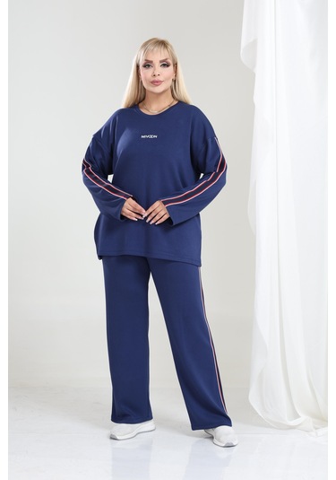 Kadın Büyük Beden Uzun Kollu Şerit Detaylı Oysho Tarzı Modal Kumaş Takım Lacivert