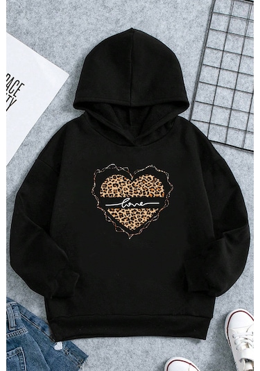 Kalp Baskılı Erkek - Kız Çocuk Rahat Kalıp Sweatshirt Siyah