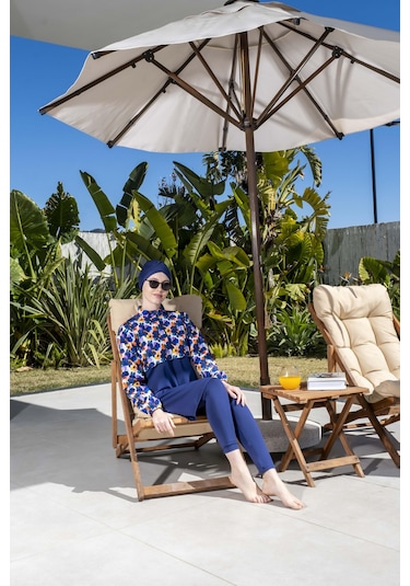 Mayom Tam Kapalı Crop Model Çiçek Desenli Tesettür Mayo-2523 Lacivert-desenli