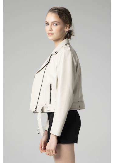 Dericlub Wm021 Gerçek Deri Biker Kadın Deri Mont Bej Null Bej