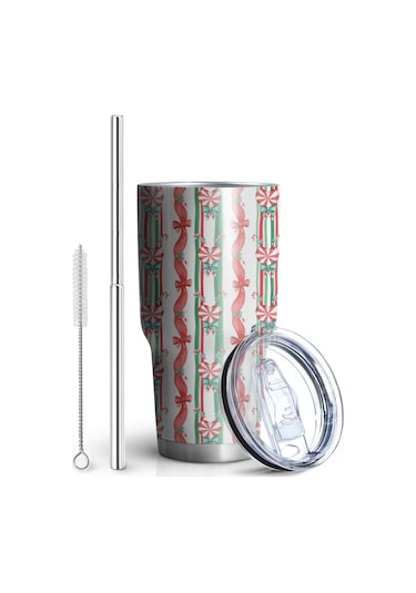 Noel Desenli 30oz Kahve Termosu, Çift Katlı Paslanmaz Çelik, Yeniden Kullanılabilir, Sızdırmaz Noel Şeker Kamışı