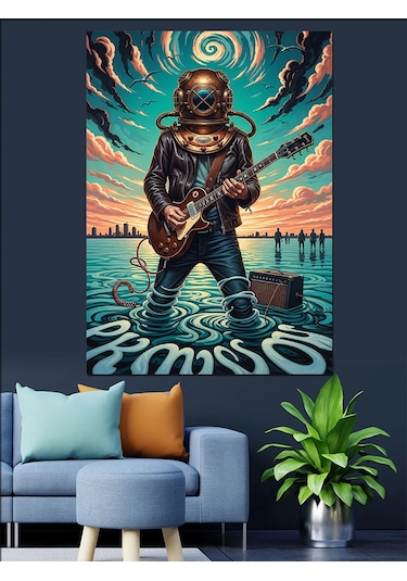 Karizma Tablo Gitar Çalan Balık Adam Dekoratif Kanvas - Mdf Ahşap Tablo