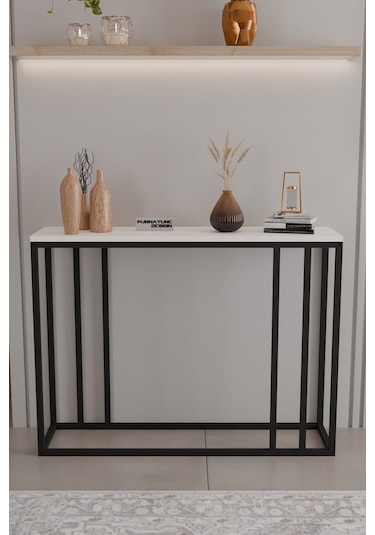 Metal Ayaklı Dresuar Dekoratif Raflı Dresuar Konsol Metal Dresuar 100 Cm Beyaz