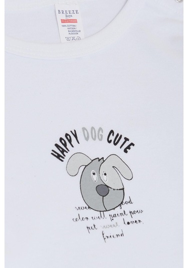 Breeze Erkek Bebek Çıtçıtlı Zıbın Body Sevimli Köpekçik Baskılı 9 Ay-3 Yaş, Beyaz Beyaz