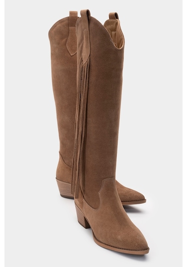 Rios Toprak Hakiki Deri Süet Püsküllü Kadın Kalın Topuklu Çizme Toprak