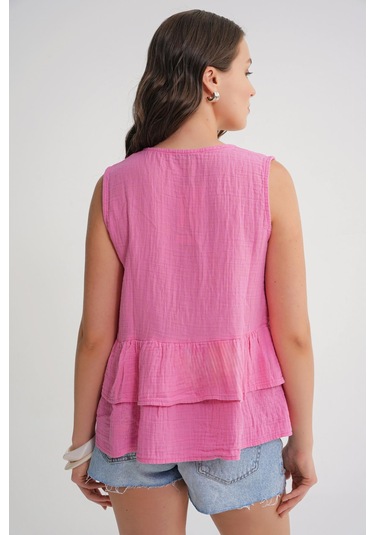 4722 Kadın V Yaka Fırfırlı Müslin Bluz Pembe Pembe