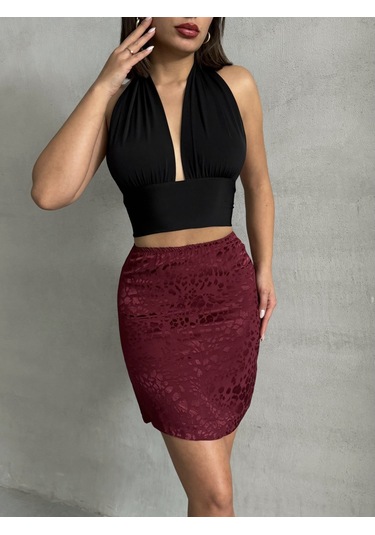 Kadın Desenli Saten Etek Bordo