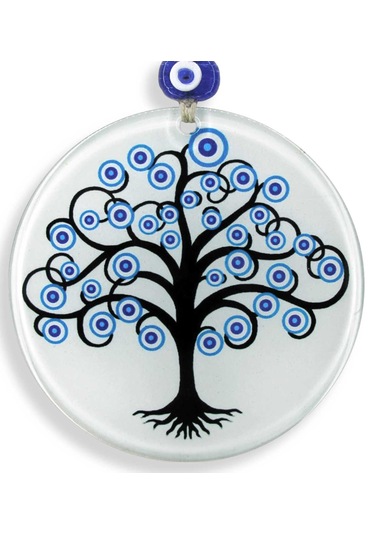 23 Cm Çap - Nazar Boncuklu Hayat Ağacı Füzyon Cam Duvar Dekoru