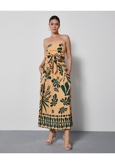 Kadın Straplez Desenli Takım Bağlamalı Büstiyer Ve Bol Kesim Pantolon Etek Bej